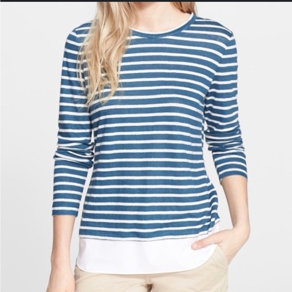 Tory Burch linen jersey pullover blue peninsula striped mixed fabric sz small - Picture 1 of 9